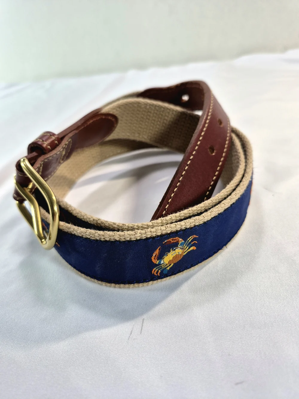 NWOT Leather Man Ltd. Blue Crab Ribbon Belt - Navy/Khaki USA Natical Old Money